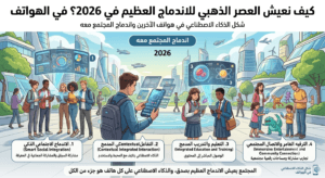 الصوره تعبر عن اندماج المجتمع مع تطور الهواتف الذكية فى عصر الذكاء الاصطناعي 