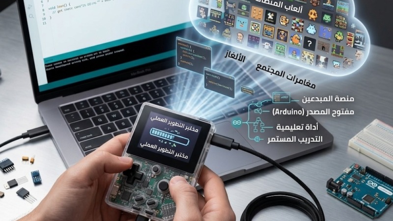 ​"بين اللعب والبرمجة: شاهد كيف يربط جهاز Arduboy FX-C بين مكتبة ضخمة تضم أكثر من 300 لعبة، وبين كونه مختبراً عملياً مفتوح المصدر (Arduino) يتيح لك برمجة وتعديل ألعابك الخاصة بسهولة تامة عبر كابل USB-C."