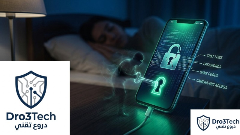 هاتف ذكي بجوار شخص نائم يتعرض لاختراق صامت، حيث يظهر هاكر خفي يكسر قفل الحماية للوصول إلى كلمات المرور والبيانات البنكية عبر هجوم زيرو كليك.
