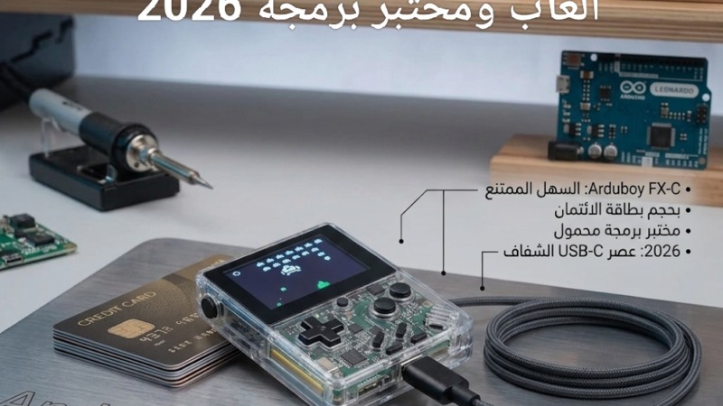 لقطة قريبة وفائقة التفاصيل تعرض جهاز Arduboy FX-C الشفاف كالنقطة المحورية. يقع الجهاز على منصة معدنية مصقولة ومنقوشة بعلامتي "Arduboy" و "Oplus"، متصلاً عبر كابل USB-C مضفر من النايلون. تُظهر شاشة OLED المضيئة لعبة "Space Invaders" ذات الطراز الكلاسيكي. تكشف حافظة الجهاز الشفافة عن لوحة الدوائر المطبوعة (PCB) الداخلية الدقيقة والمعالج ATmega32U4
