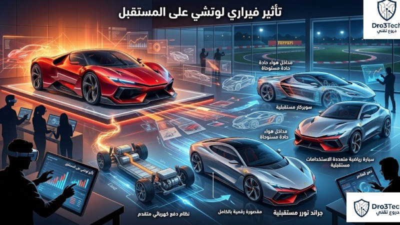 ​مخطط مرئي ديناميكي يوضح كيفية دمج عناصر تصميم وتقنيات سيارة "فيراري لوتشي" الاختبارية (مثل مداخل الهواء وقمرة القيادة الرقمية) في نماذج فيراري الإنتاجية المستقبلية القادمة.