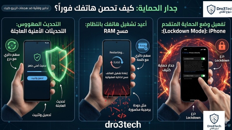 ​إنفوجرافيك يوضح ثلاث خطوات أساسية لتحصين الهاتف ضد هجمات الزيرو كليك، تشمل التحديث الأمني العاجل، إعادة التشغيل لمسح الذاكرة العشوائية، وتفعيل وضع الحماية المتقدم.