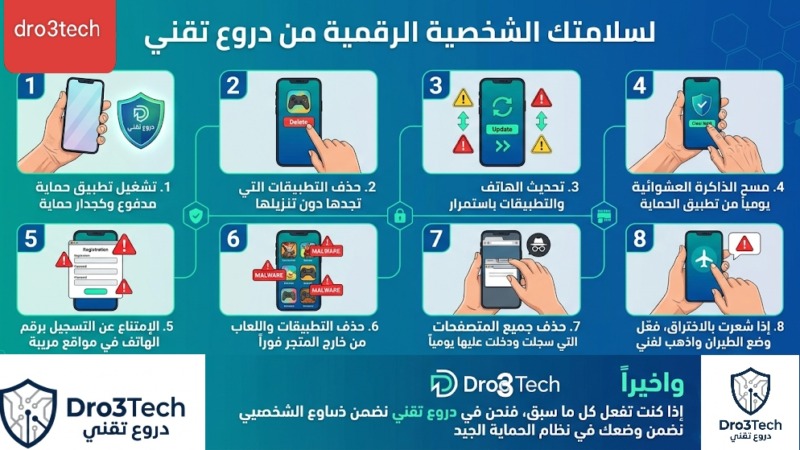 إنفوجرافيك يوضح 8 خطوات أساسية من منصة دروع تقني لسلامتك الشخصية الرقمية وحماية هاتفك الذكي من الاختراق والتطبيقات الخبيثة.