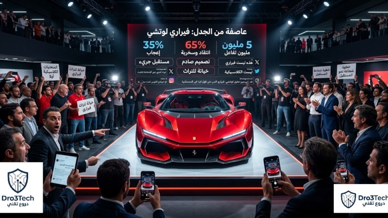 ​سيارة فيراري لوتشي الاختبارية بتصميمها المستقبلي الحاد والصادم، محاطة بجمهور منقسم وشاشات تعرض إحصائيات الجدل الواسع على منصات التواصل الاجتماعي.