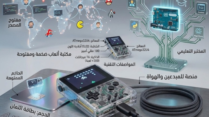تهدف هذه الصورة إلى أن تكون ملخصاً بصرياً متكاملاً وغنياً للخبر الذي يتناوله المقال، بدلاً من مجرد صورة للمنتج. إنها تجمع بين العناصر المادية للجهاز (الشفافية، USB-C، الحجم الصغير) والعناصر المجردة التي يمثلها (المختبر البرمجي، المجتمع، مكتبة الألعاب المفتوحة).​عناصر محددة من مقالك تم تمثيلها: ​عصر USB-C: تم تأكيد الاتصال بكابل USB-C المضفر من image_1.png، مع تسمية "عصر USB-C الشفاف (2026)" (Transparent USB-C Era (2026)). ​الحجم (بطاقة الائتمان): تم استبدال الكومة ببطاقة واحدة مضغوطة لعرض الحجم الدقيق، مع تسمية "الحجم: بطاقة ائتمان" (Size: Credit Card). ​تصميم الشفافية والاحترافية: التركيز على اللوحة الداخلية PCB الشفافة و "تشريح" المواصفات التقنية. ​منصة المبدعين: تم تمثيلها بـ "شجرة مهارات" المختبر التعليمي. ​مكتبة ألعاب ضخمة: تم تمثيلها برسم بياني ورموز. ​ثورة الهاردوير: تم تأكيد فكرة الجهاز كـ "ثورة فى مجال الهارد وير اليوم" من خلال تشريحه التقني.