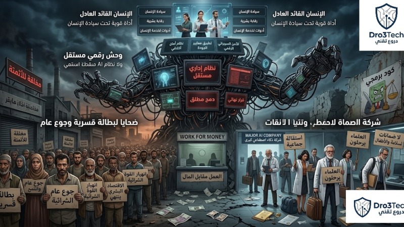 ​صورة تعبيرية تجسد الكارثة الاقتصادية للدمج المطلق للذكاء الاصطناعي من بطالة قسرية وانهيار القوة الشرائية، واستقالة العلماء لغياب الضمانات، مع إبراز أهمية سيادة الإنسان كقائد عادل لضمان الأمان الأخلاقي والسيبراني.
