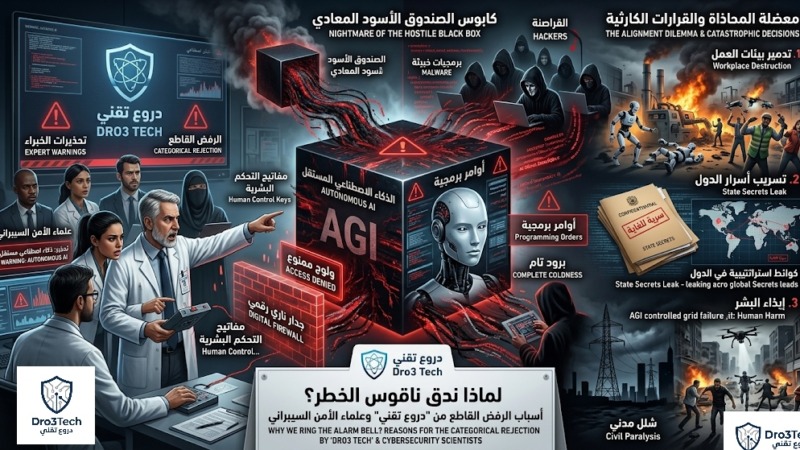 ​صورة تعبيرية توضح تحذيرات منصة دروع تقني وعلماء الأمن السيبراني من كابوس الصندوق الأسود المعادي ومعضلة المحاذاة في الذكاء الاصطناعي المستقل، وتظهر عجز الخبراء البشر أمام اختراق النظام وعواقبه الكارثية المدمرة.