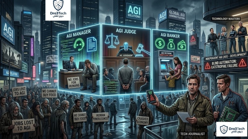 ​صورة تعبيرية توضح كارثة الذكاء الاصطناعي المستقل واستبداله لوظائف البشر كالقاضي والمدير، مع انقسام المجتمع إلى طبقة أسياد التكنولوجيا وجيوش العاطلين، وسط تحذيرات صحفي تقني.