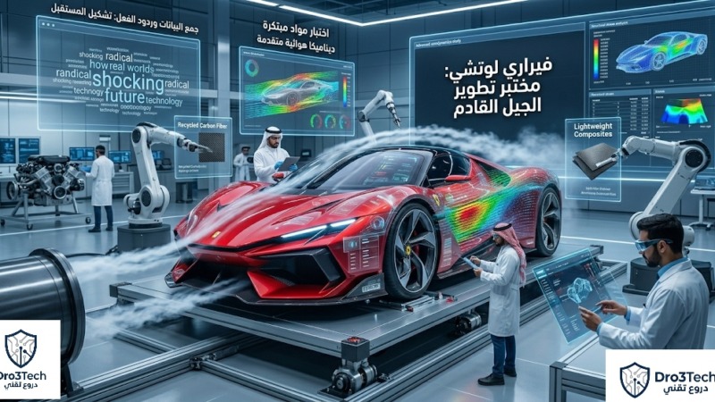 مخطط مرئي مفصل داخل مختبر تطوير متطور، يظهر سيارة فيراري لوتشي الاختبارية كـ "مختبر متنقل" قيد الاختبار، مع مهندسين يفحصون بيانات نفق هوائي، وعينات ألياف كربون معاد تدويرها، وتحليلات السوشيال ميديا، مما يرمز إلى دور النماذج الاختبارية كمنصات تجريبية لجمع البيانات وتشكيل جيل سيارات المستقبل.