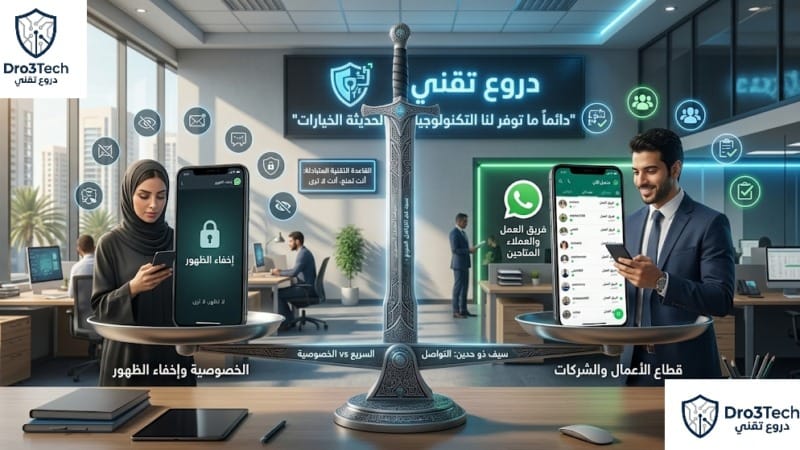 ميزان يوضح تحديث واتساب الجديد كسيف ذو حدين، يوازن بين إخفاء الظهور وحماية الخصوصية من جهة، وسرعة التواصل الفوري لقطاع الأعمال من جهة أخرى.