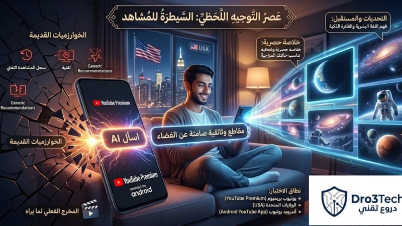 مستخدم يعتمد على ميزة اسأل بالذكاء الاصطناعي في تطبيق يوتيوب أندرويد لإنشاء خلاصة فيديوهات مخصصة عن الفضاء متجاوزاً الخوارزميات القديمة.