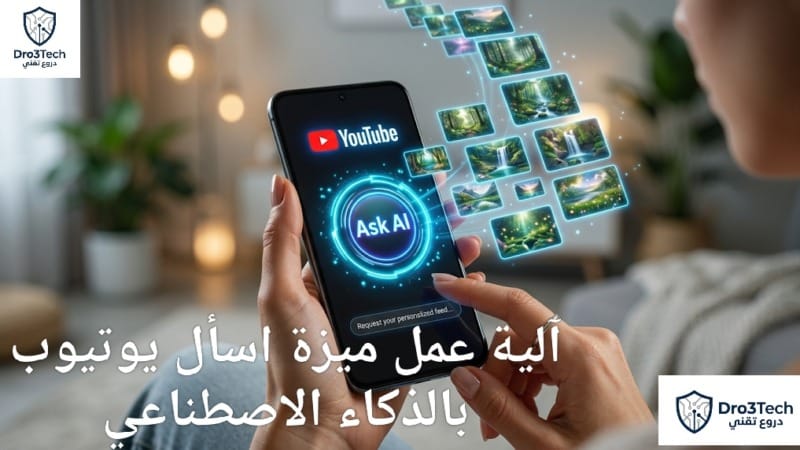 مستخدم يمسك هاتفاً ذكياً ويستخدم زر "اسأل" في تطبيق يوتيوب لتوليد خلاصة فيديوهات مخصصة بالذكاء الاصطناعي عن الطبيعة.