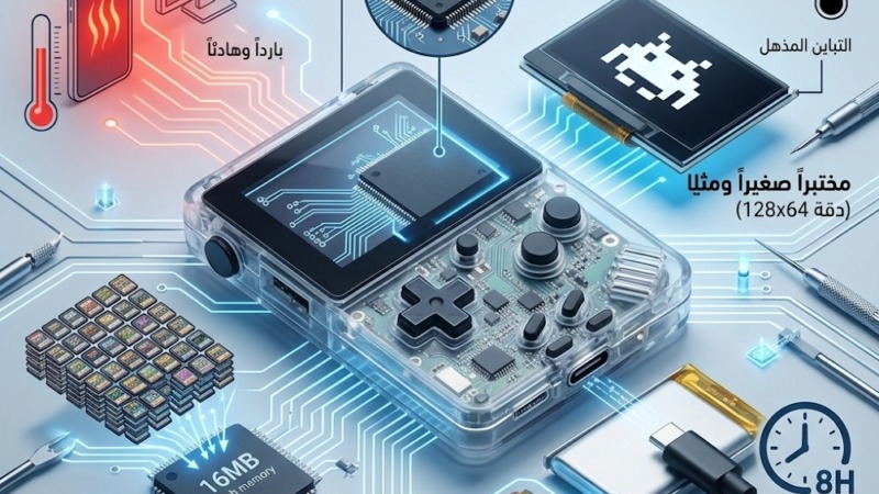 ​تشريح بصري لـ Arduboy FX-C: المختبر الجيبي المثالي الذي يدمج "العقل المدبر" لمعالج ATmega32U4، وتخزيناً هائلاً لـ 300 لعبة، وشاشة OLED ريترو مذهلة التباين. شاهد كيف تحولت الكفاءة التقنية إلى ثورة، حيث تظل المكونات باردة وهادئة في يدك، لتقدم لك 8 ساعات من اللعب والتعلم البرمجي الخالي من الحرارة والملل.