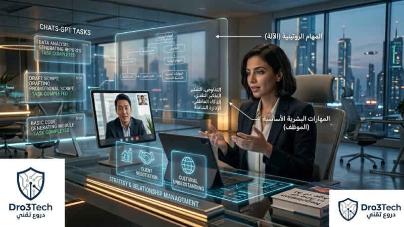 موظفة بشرية تدير مفاوضات معقدة وتتواصل مع العملاء، بينما يقوم الذكاء الاصطناعي بإنجاز المهام الروتينية وتحليل البيانات، مما يبرز الفرق بين أتمتة المهام والوظائف الحقيقية.