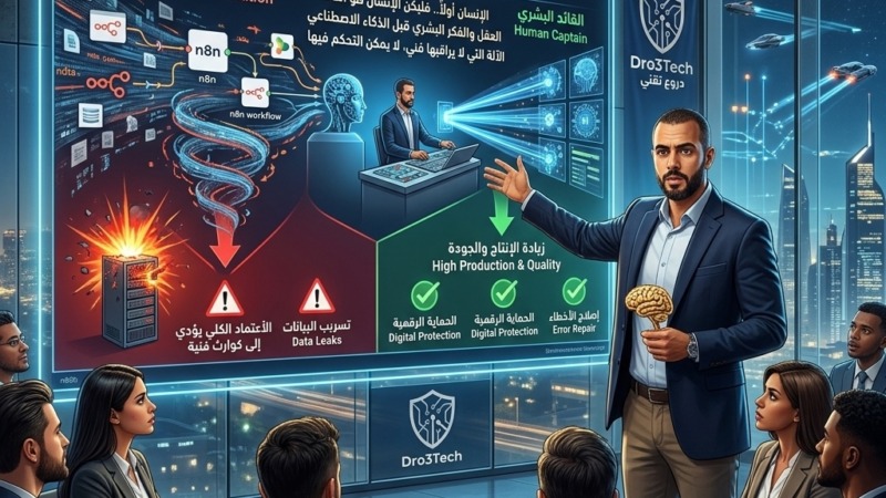 صورة لمحمد محروس من دروع تقني يقدم عرضاً هولوغرامياً في عام 2026 يحذر الشركات من الأتمتة العمياء والاعتماد الكلي على الذكاء الاصطناعي دون رقابة بشرية، مؤكداً على شعار "الإنسان أولاً" لتحقيق الإنتاج والجودة وحماية البيانات