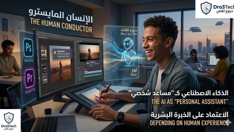 صورة توضيحية تعبر عن مشروع "المستشار الفني" من منصة دروع تقني. تُظهر الصورة طالباً يمارس عمله بحماس على برامج التصميم والمونتاج، بينما يقتصر دور الذكاء الاصطناعي على تقديم اقتراحات لحظية ومقيدة لتحسين العمل. تؤكد الصورة على فلسفة تحجيم دور الآلة لخدمة العقل البشري، والقضاء على نظرية الكسل، لتخريج جيل من المحترفين القادرين على قيادة التكنولوجيا.