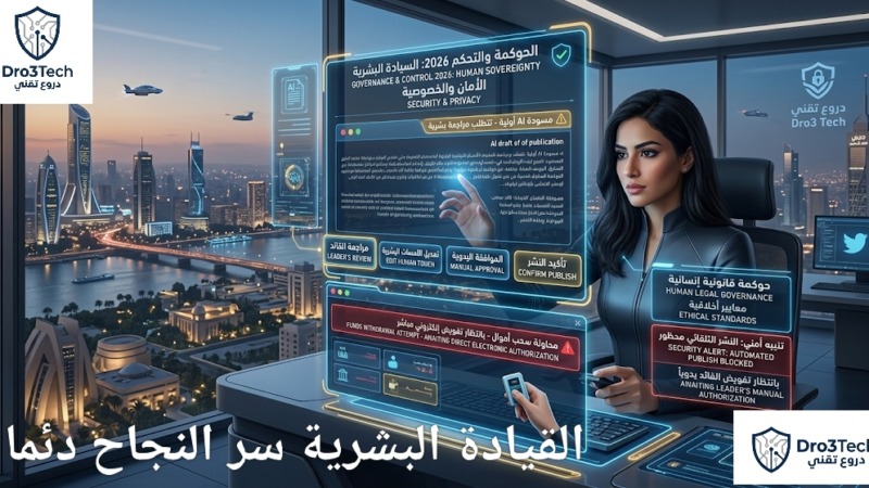 لقطة مستقبلية من عام 2026 تُظهر قائدة تقنية مصرية تجلس أمام لوحة تحكم هولوغرامية معقدة. الصورة تبرز بوضوح دور الإنسان كقائد لنظام الذكاء الاصطناعي، حيث تقوم بمراجعة مسودات المحتوى وإدارة الموافقات المالية يدوياً، مع ظهور واجهات برمجية تحذر من 'الأتمتة العمياء' وتؤكد على 'السيادة البشرية'، على خلفية أفق مدينة القاهرة المستقبلي عند الغروب.
