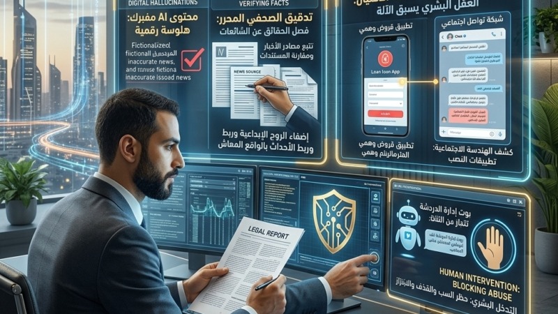 صورة توضيحية من مقال منصة "دروع تقني" تشرح لماذا يعجز الذكاء الاصطناعي بدون "عين الإنسان". يظهر في الصورة محرر وخبير أمني يراجع المحتوى لتجنب الهلوسة الرقمية، ويتصدى لعمليات الهندسة الاجتماعية والاحتيال المالي، مما يؤكد أن التدخل البشري هو أساس حماية الأمن السيبراني وحل النزاعات الرقمية التي تعجز البوتات عن فهمها.