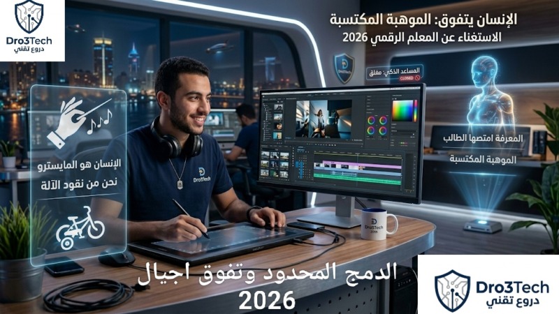 صورة توضيحية تعبر عن الجزء الختامي من مقال مشروع "المستشار الفني" لمنصة دروع تقني. يظهر في الصورة طالب تصميم جرافيك وقد وصل لمرحلة "الموهبة المكتسبة"، مستغنياً عن المساعد الذكي ليقود برامج المونتاج والتصميم بنفسه كـ "مايسترو". تجسد الصورة الفلسفة التقنية لعام 2026: التكنولوجيا تُعظم من قدرة العقل البشري، والذكاء الاصطناعي مجرد آلة تنتظر من يعزف عليها.