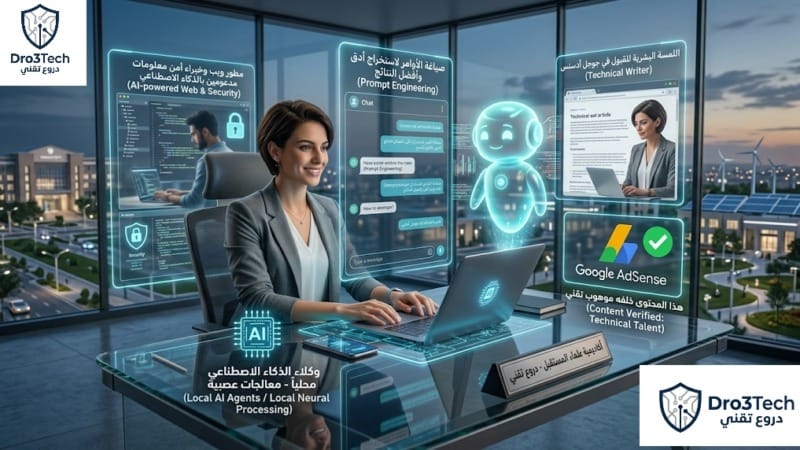موظفة تعمل كمهندسة أوامر (Prompt Engineer) تستخدم الذكاء الاصطناعي لتوليد الأفكار، وتضع لمستها البشرية التقنية لضمان جودة المحتوى والقبول في سياسات جوجل أدسنس.
