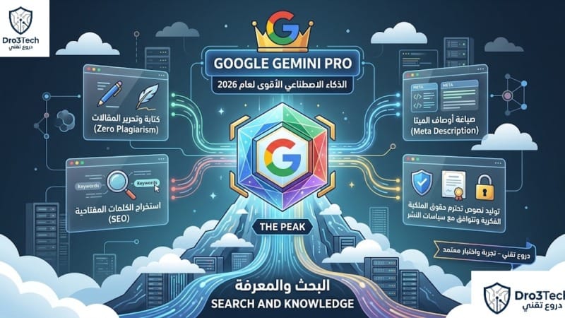 ​رسم توضيحي تقني حديث يُظهر إمكانيات جوجل جيميني برو (Google Gemini Pro) لعام 2026 في كتابة المقالات الاحترافية، تحسين محركات البحث SEO، صياغة الميتا، واحترام الملكية الفكرية، بناءً على تجربة "دروع تقني".