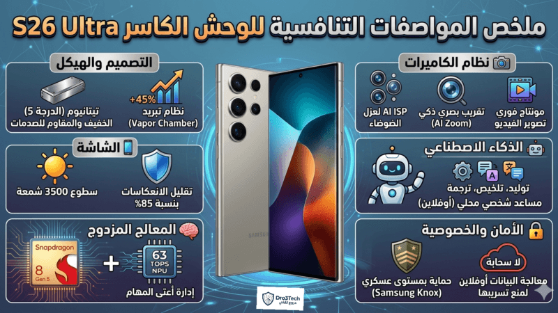 ​"إنفوجرافيك يوضح ملخص المواصفات التنافسية لهاتف Samsung Galaxy S26 Ultra لعام 2026، يشمل معالج سنابدراجون 8 إيليت، شاشة 3500 شمعة، ومميزات الكاميرا والذكاء الاصطناعي."