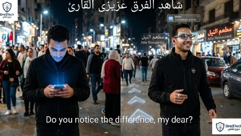 تباين بين استخدام الهاتف الذكي واستخدام النظارات الذكية (Wearable AI) لعرض الترجمة الفورية والاتجاهات في الشارع.