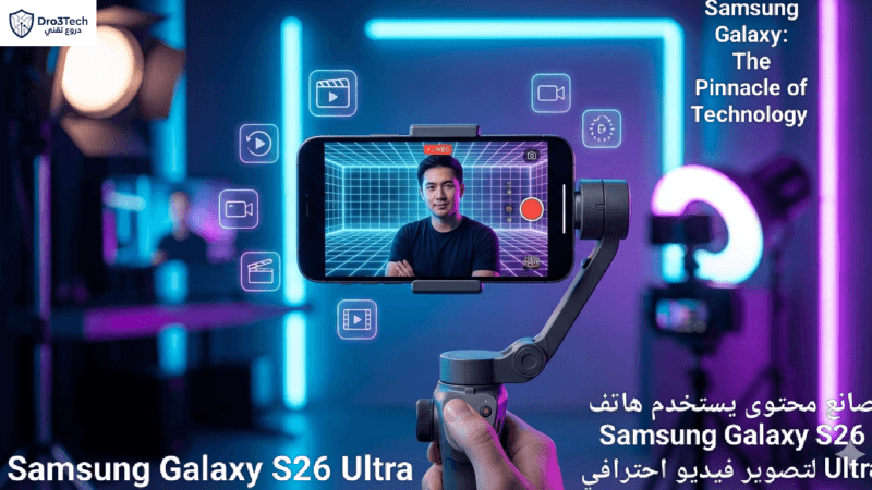 صانع محتوى يستخدم هاتف Samsung Galaxy S26 Ultra لتصوير فيديو احترافي مع ميزة إزالة الخلفية والمونتاج بالذكاء الاصطناعي في الوقت الفعلي."
