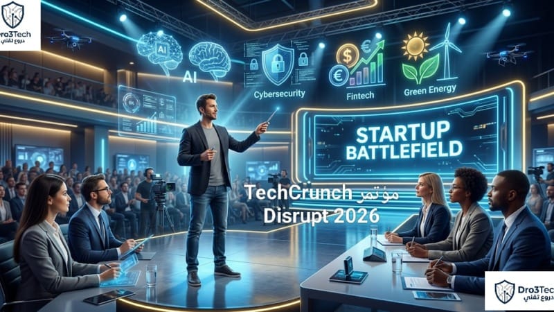 رائد أعمال يعرض فكرته التقنية أمام لجنة من كبار المستثمرين على مسرح مسابقة Startup Battlefield 200 لربح 100 ألف دولار.