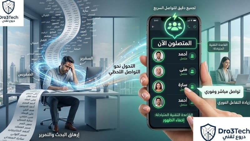 صورة توضيحية تقارن بين إرهاق البحث اليدوي القديم عن جهات الاتصال في واتساب عبر التمرير العشوائي، وبين التحول نحو التواصل اللحظي السريع باستخدام قائمة "المتصلون الآن" الذكية المجمعة في الأعلى.