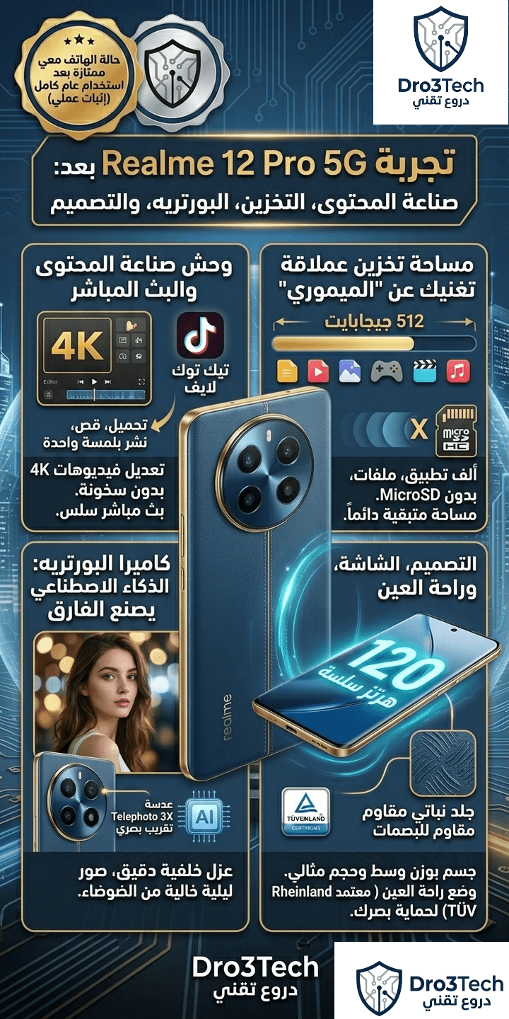 إنفوجرافيك يلخص مميزات Realme 12 Pro 5G في صناعة المحتوى وتعديل 4K، مساحة 512 جيجابايت، كاميرا البورتريه بالذكاء الاصطناعي، وتصميم الجلد النباتي.