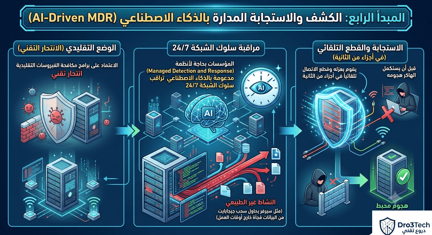 إنفوجرافيك يوضح المبدأ الرابع حول استخدام أنظمة الكشف والاستجابة المدارة بالذكاء الاصطناعي (AI-Driven MDR) لمراقبة سلوك الشبكة على مدار الساعة، والقطع التلقائي للاتصالات المشبوهة في أجزاء من الثانية لإحباط الهجمات.