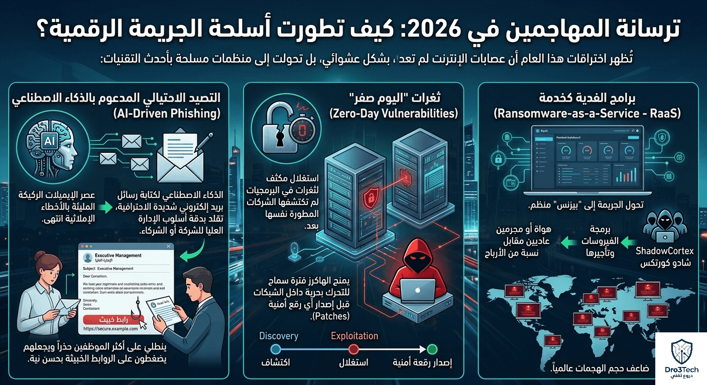 إنفوجرافيك مقسم إلى ثلاثة أقسام يشرح تطور أسلحة الجريمة الرقمية في عام 2026، ويشمل التصيد الاحتيالي الموجه بالذكاء الاصطناعي، واستغلال ثغرات اليوم صفر، ونموذج تأجير برامج الفدية كخدمة (RaaS)