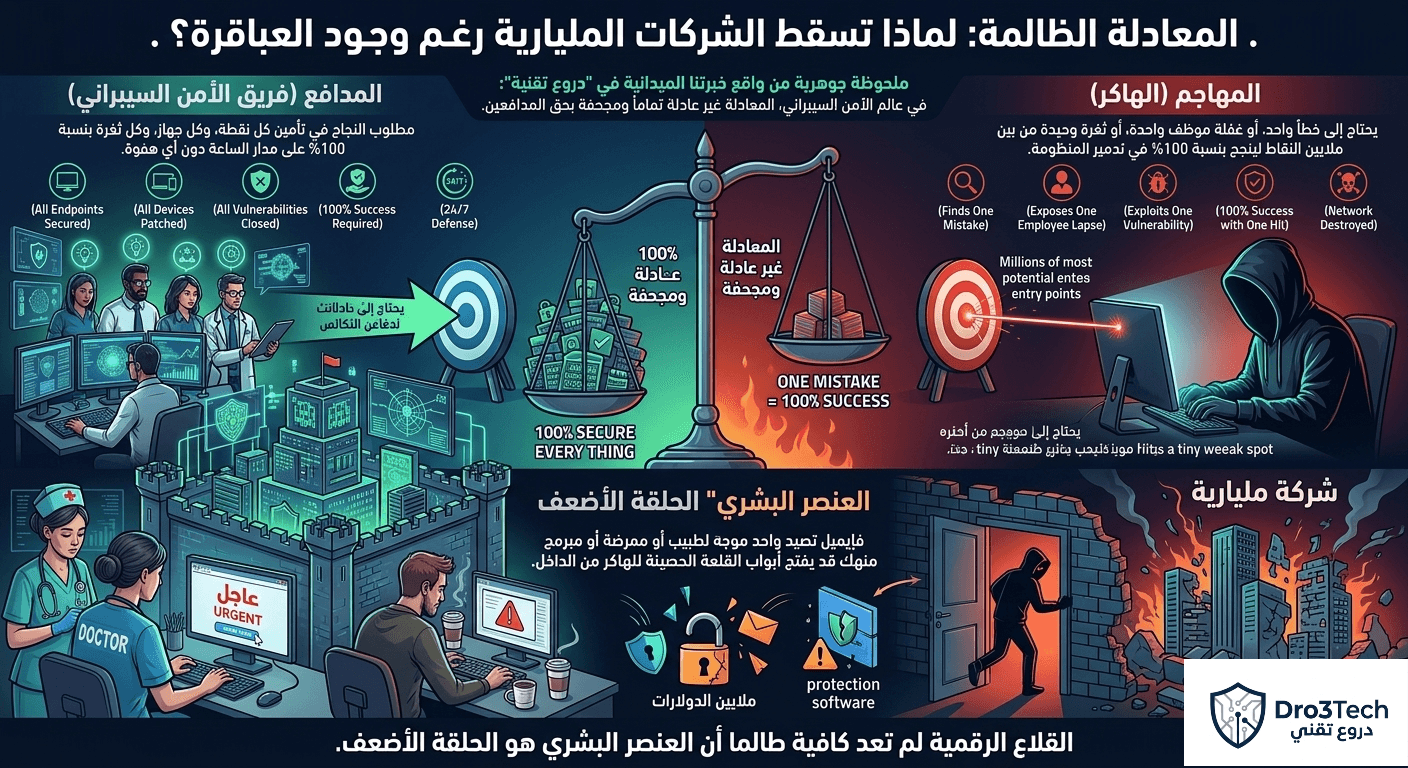 إنفوجرافيك يوضح المعادلة الظالمة في الأمن السيبراني، حيث يواجه فريق الحماية ضغط تأمين كل الثغرات بنسبة 100%، بينما يحتاج الهاكر لخطأ بشري واحد لاختراق قلاع الشركات المليارية.