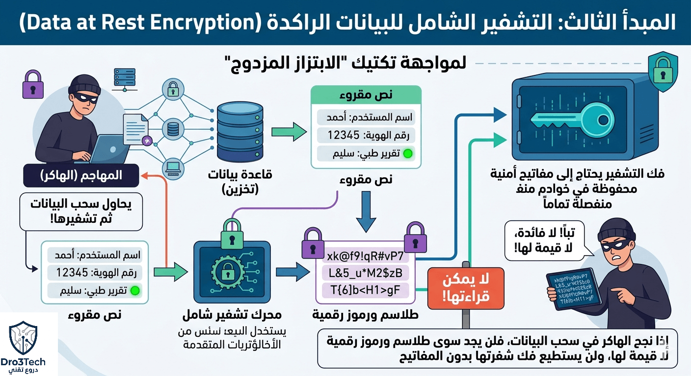 إنفوجرافيك يشرح المبدأ الثالث المتمثل في التشفير الشامل للبيانات الراكدة، حيث تظهر عملية تحويل البيانات الحساسة المقروءة إلى رموز مشفرة لمنع الهاكرز من قراءتها أو استغلالها في عمليات الابتزاز المزدوج