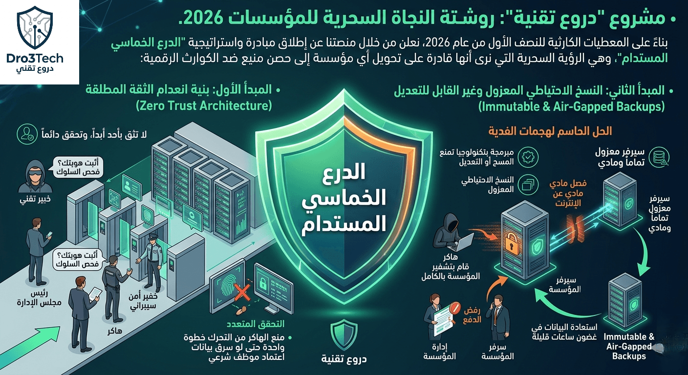 إنفوجرافيك يوضح أول مبدأين من استراتيجية "الدرع الخماسي المستدام" لحماية المؤسسات: تطبيق بنية انعدام الثقة المطلقة (Zero Trust)، واعتماد النسخ الاحتياطي المعزول وغير القابل للتعديل للحماية من برامج الفدية.