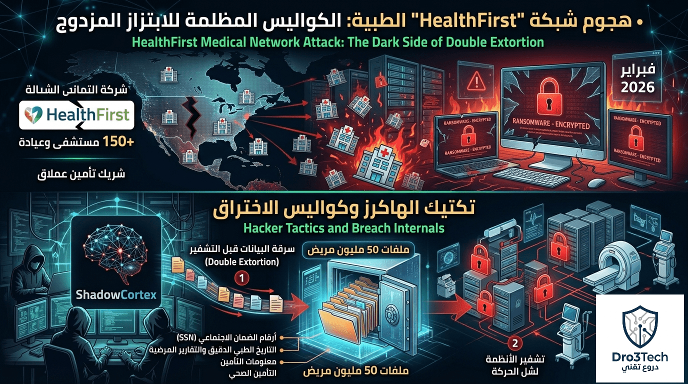 إنفوجرافيك يوضح تفاصيل هجوم برامج الفدية والابتزاز المزدوج على شبكة HealthFirst الطبية بواسطة مجموعة ShadowCortex، والذي أثر على أكثر من 150 مستشفى وسرّب بيانات 50 مليون مريض.