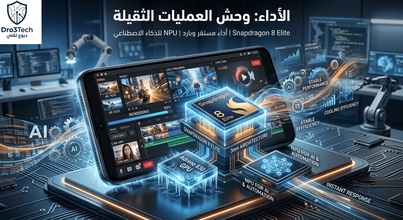 إنفوجرافيك تقني رقمي للهاتف الذكي يسلط الضوء على أداء معالج Snapdragon 8 Elite. يُظهر هاتفاً في مركز التصميم مع معالجات مكشوفة مضاءة للرندرة والبث المباشر، وتبريد جليدي لـ GPU، ورسوم بيانية للشبكة العصبية لـ NPU. العنوان باللغة العربية "الأداء: وحش العمليات الثقيلة".