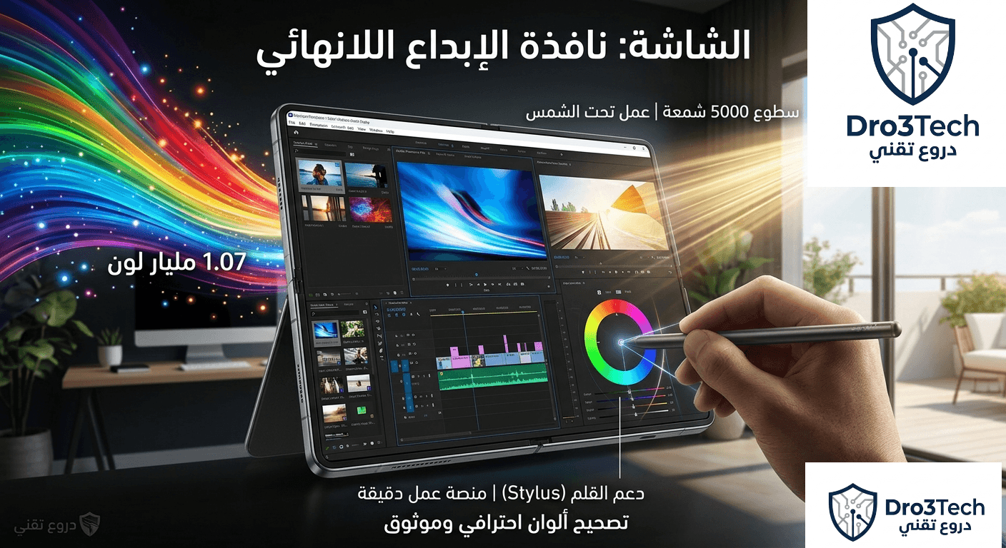 تصميم يوضح إمكانيات شاشة هاتف هونر ماجيك V5 القابل للطي كمنصة عمل إبداعية، مع إبراز دعم القلم الذكي وسطوع الشاشة العالي تحت أشعة الشمس.
