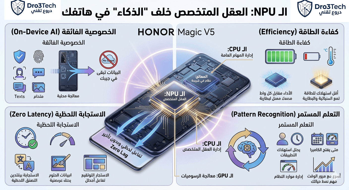 إنفوجرافيك توضيحي يشرح دور وحدة المعالجة العصبية (NPU) كعقل متخصص للذكاء الاصطناعي في هاتف هونر ماجيك V5، مبرزاً مزايا الخصوصية الفائقة، كفاءة الطاقة، الاستجابة اللحظية، والتعلم المستمر.