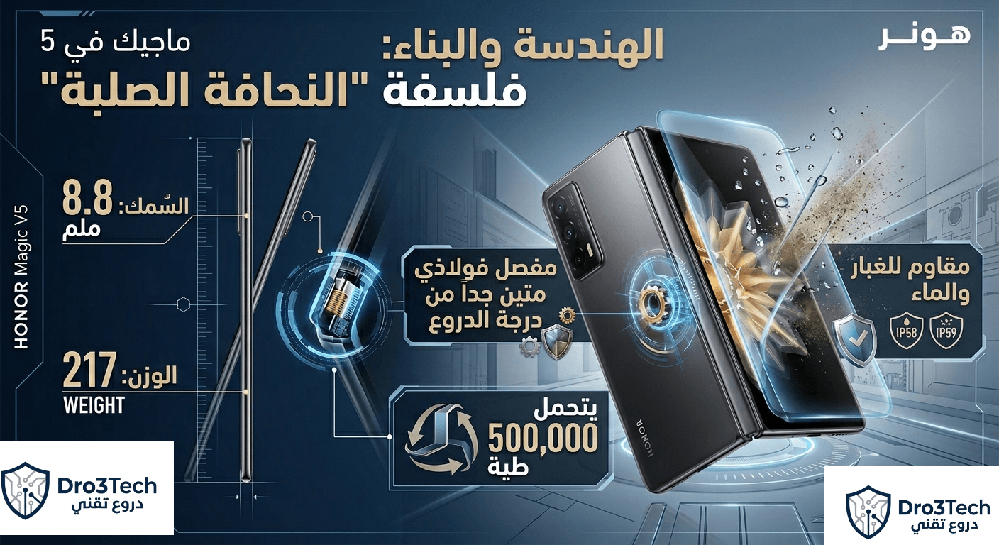 إنفوجرافيك باللغة العربية يوضح مواصفات المتانة والنحافة وتفاصيل التصميم لهاتف هونر ماجيك V5 القابل للطي.