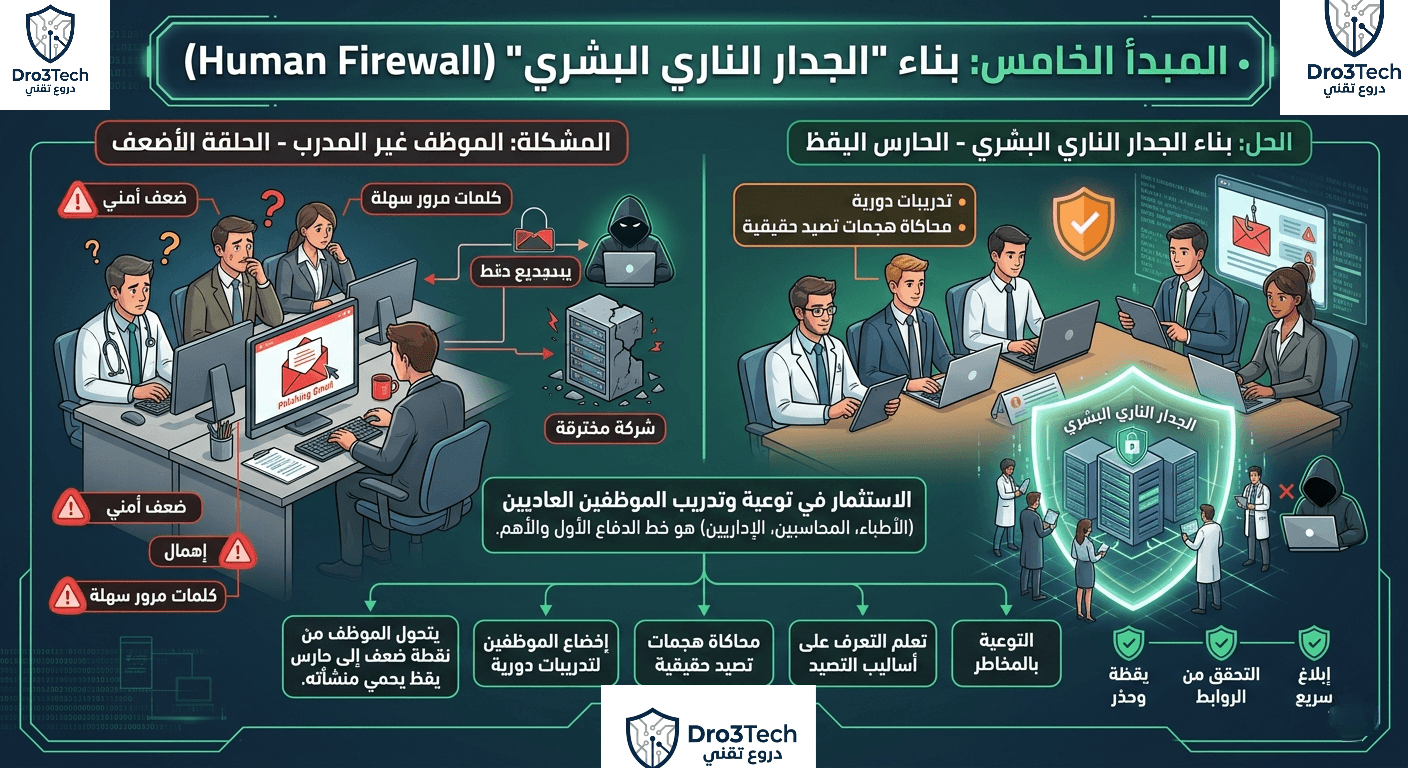 إنفوجرافيك يشرح المبدأ الخامس المتمثل في بناء "الجدار الناري البشري"، ويعقد مقارنة بين الموظف غير المدرب الذي يمثل ثغرة أمنية، والموظف المدرب الذي يتحول إلى حارس يقظ يحمي المؤسسة من هجمات التصيد.