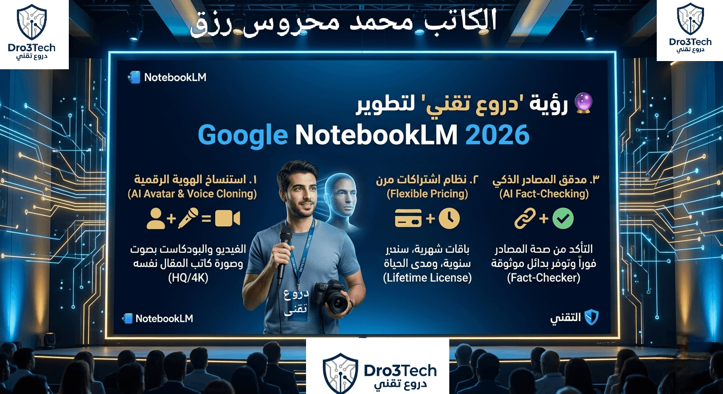 شاشة عرض في مؤتمر لـ "دروع تقني" تشرح رؤية تطوير Google NotebookLM 2026، تشمل استنساخ الهوية الرقمية، أنظمة الاشتراكات، ومدقق المصادر الذكي، مع شعارات Dro3Tech وصورة تعبيرية لمحاضر رقمي.
