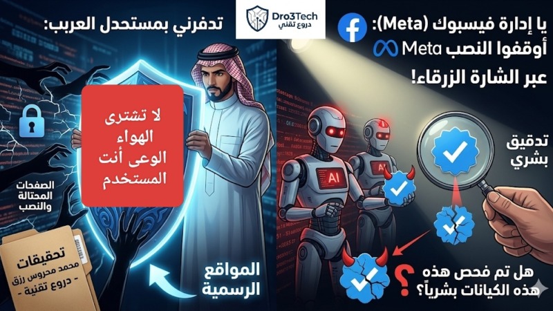 تصميم جرافيكي مقسم لجزأين يجسد رسالة منصة 'دروع تقنية' الختامية. الجزء الأول يظهر مستخدماً عربياً يحتمي بدرع الوعي الأزرق ضد أيدي عصابات الاحتيال الرقمي، مع إشارة لملف تحقيقات محمد محروس رزق. الجزء الثاني يوجه رسالة لشركة ميتا (Meta) وفيسبوك، يطالب بتفعيل التدقيق البشري من خلال عدسة مكبرة تفحص الشارات الزرقاء المزيفة التي تمنحها خوارزميات الذكاء الاصطناعي للصفحات المحتالة."