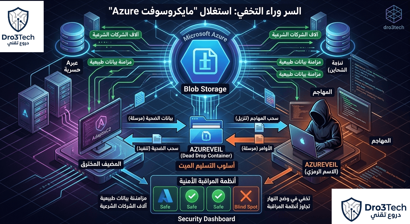 رسم توضيحي لآلية التسليم الميت حيث يتواصل المهاجم مع الجهاز المخترق عبر خوادم مايكروسوفت Azure السحابية الشرعية لتجاوز أنظمة المراقبة الأمنية وبرامج مكافحة الفيروسات.