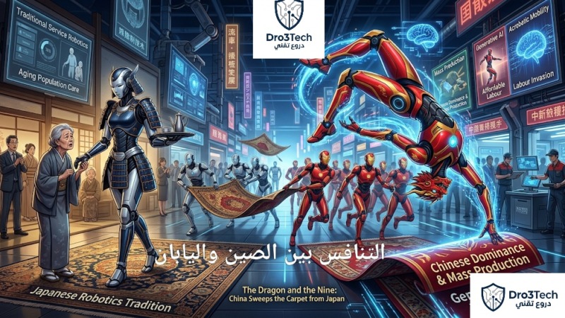 روبوتات صينية بشرية سريعة تكتسح سوق العمل مقابل روبوت ياباني مخصص للخدمة والرعاية، يعبر عن الصراع التكنولوجي وتطور الذكاء الاصطناعي.