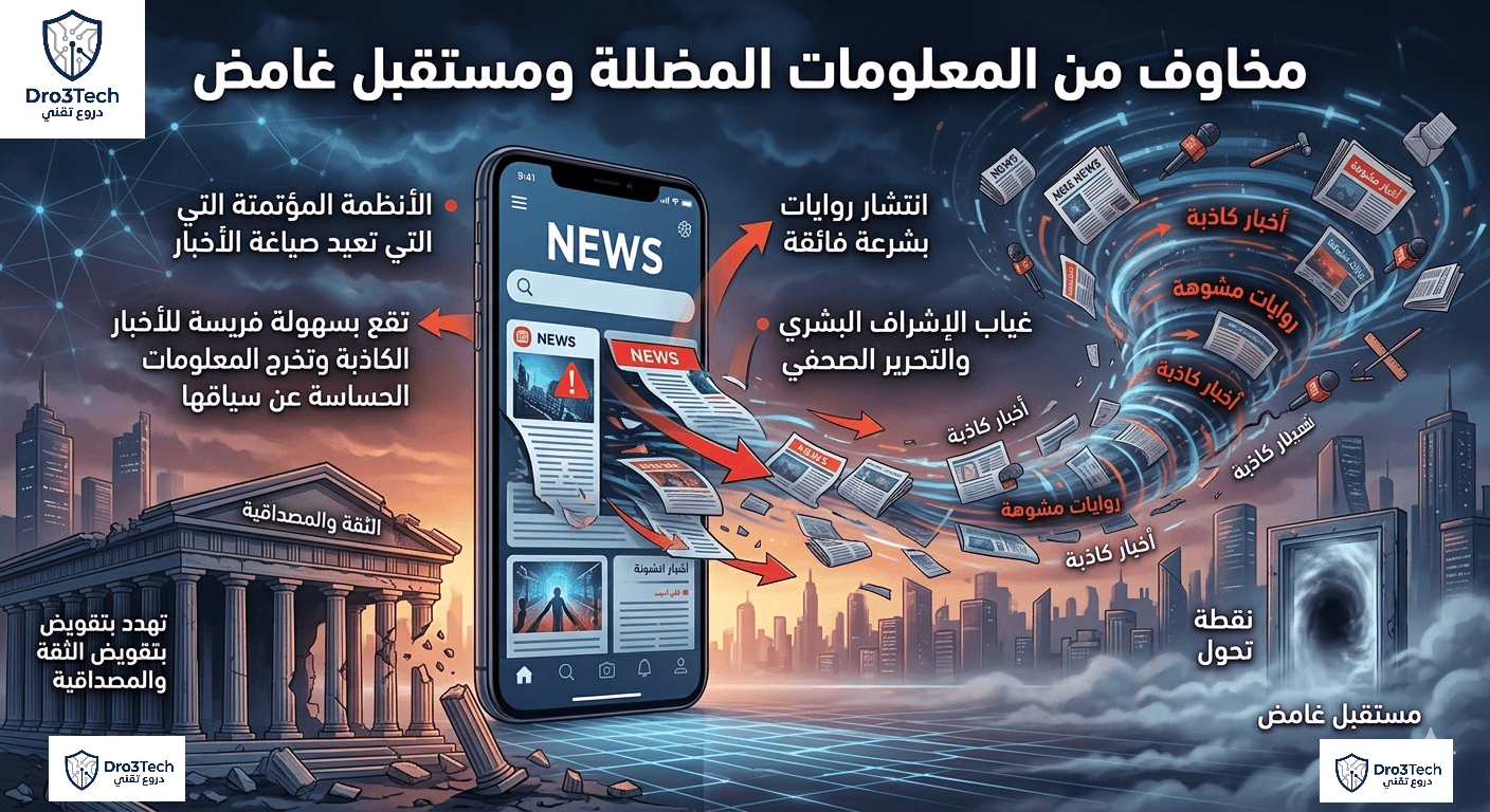 انفوجرافيك يوضح هاتفًا ذكيًا يعيد صياغة الأخبار تلقائيًا بواسطة الذكاء الاصطناعي، والتي تتحول إلى دوامات من الأخبار الكاذبة والروايات المشوهة التي تنتشر بسرعة فائقة فوق مشهد مدينة مستقبلي مظلم. ينهار معبد الثقة والمصداقية كرمز لتآكل الأساسيات، بينما تقود نقطة تحول مجهولة نحو مستقبل غامض للأخبار. يشير الرسم إلى غياب الإشراف البشري واستهلاك المعلومات المضللة بسرعة.