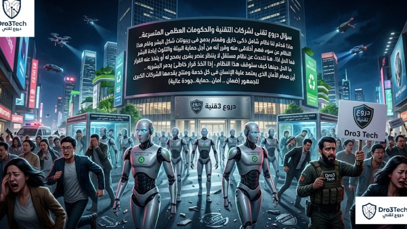 روبوتات بشرية مستقلة تسيطر على مدينة مستقبلية وسط ذعر البشر، مع لوحة تحذيرية ضخمة من منصة دروع تقني تطالب الشركات الكبرى بصمام أمان للذكاء الاصطناعي.