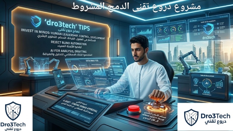 خبير تقني يدير أنظمة الذكاء الاصطناعي من لوحة تحكم ذكية تحمل شعار dro3tech دروع تقني، مع التأكيد على التدخل اليدوي وصمام الأمان البشري.