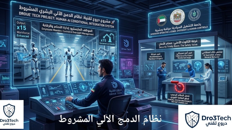 موظف بشري يتحكم في روبوتات لزيادة الإنتاج داخل مصنع ذكي، بجواره غرفة تحكم زجاجية تضم خبراء أمن سيبراني وصيانة وذكاء اصطناعي لضمان الأمان، يمثل مشروع دروع تقني